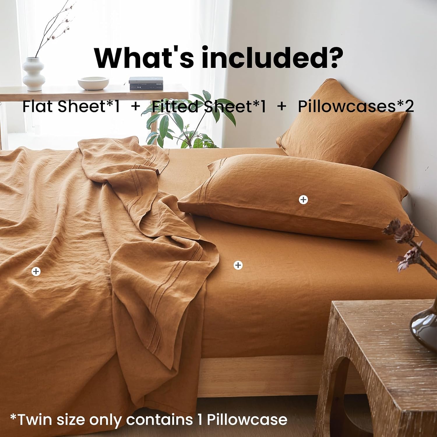 Simple&Opulence 100% Linen Sheet Set 4 Pieces Natural France Flax Bed Sheet (1 Flat Sheet, 1 Fitted Sheet, 2 Pillowcases) Breathable Luxury Hotel Bedding - Embroidery Rust, Queen Size