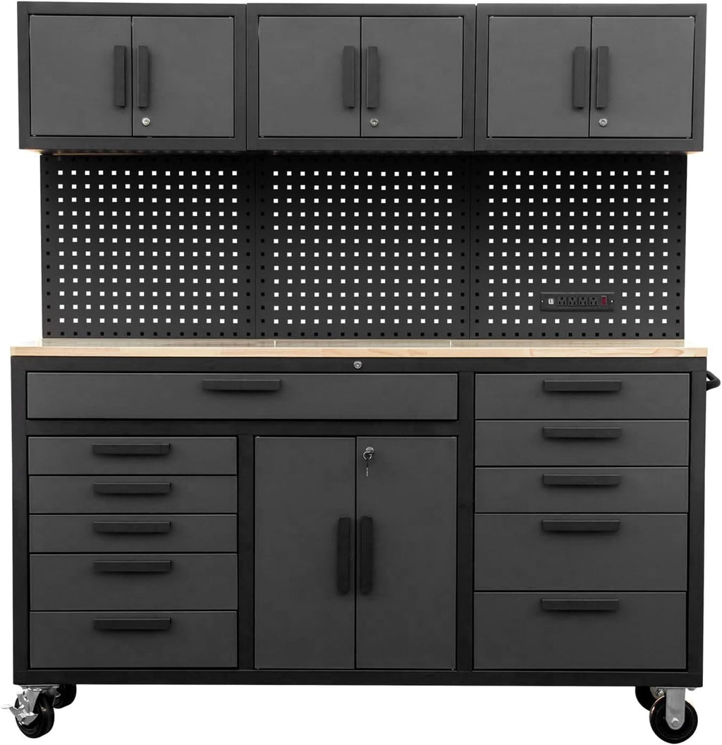 BIG RED 72in Rolling Tool Chest Cabinet Mobile Garage Workbench Heavy-Duty Tool Cabinet on Wheels with 11 Drawers, Pegboard & Power Strip for Tool Organization