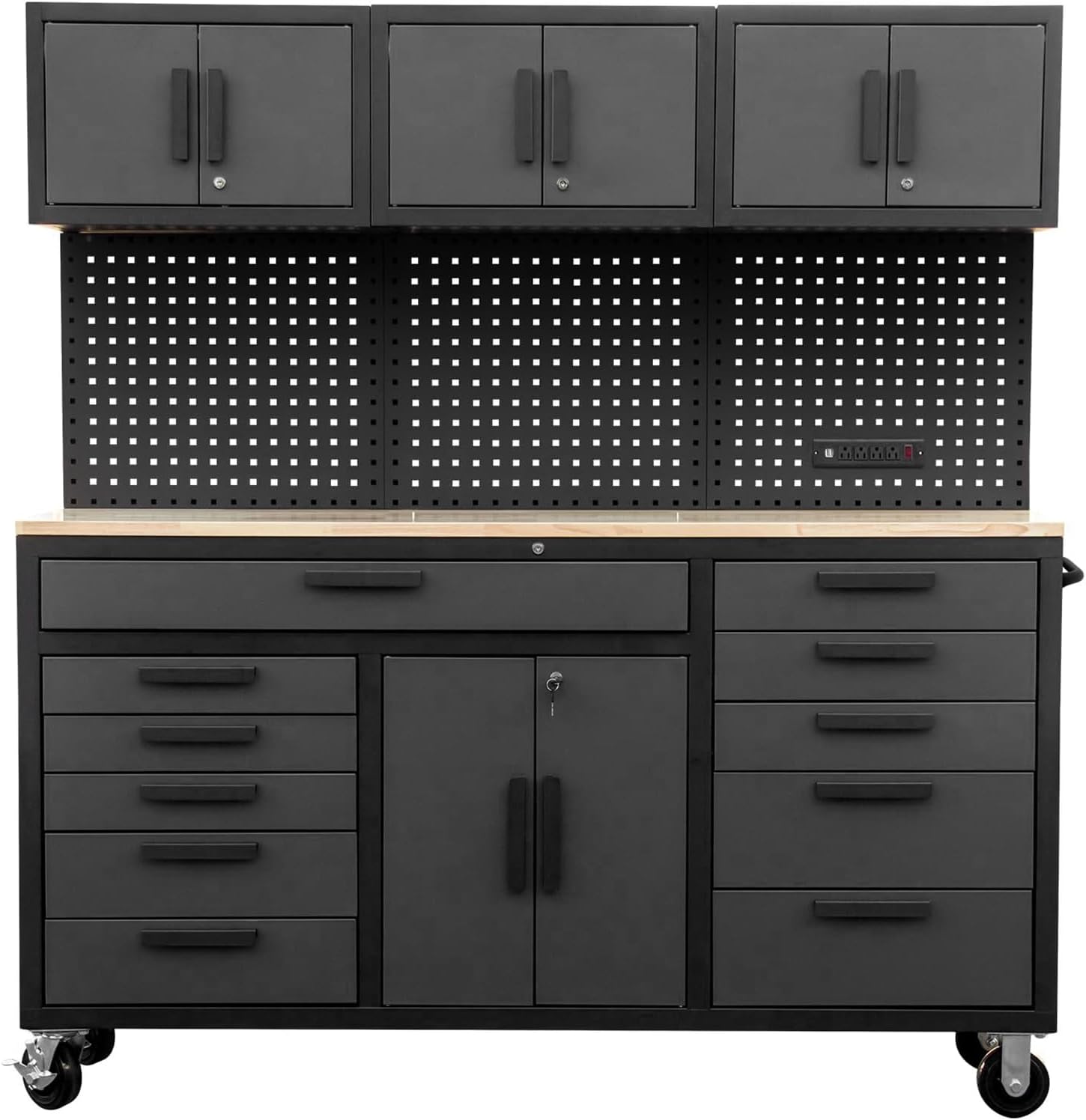 BIG RED 72in Rolling Tool Chest Cabinet Mobile Garage Workbench Heavy-Duty Tool Cabinet on Wheels with 11 Drawers, Pegboard & Power Strip for Tool Organization