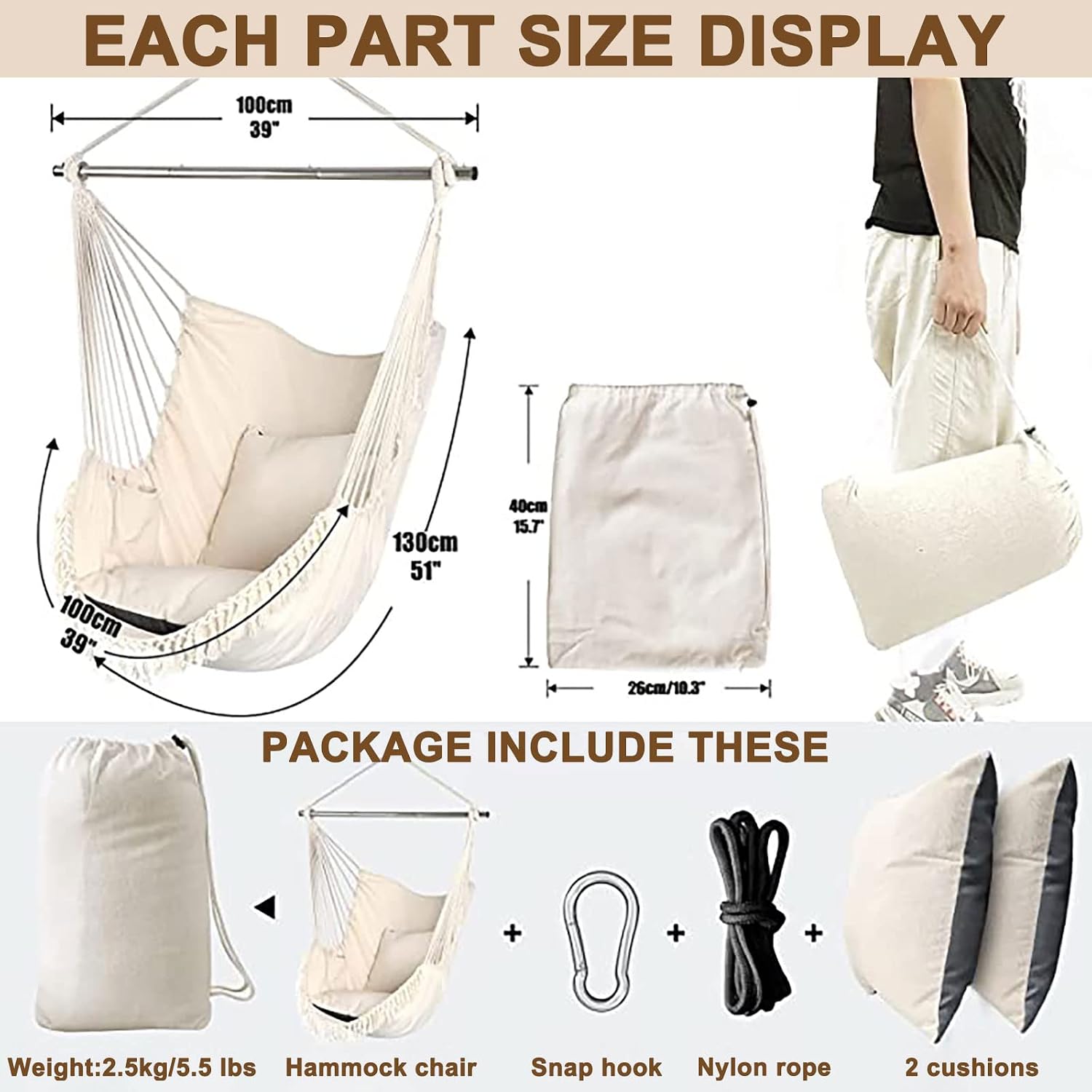 SRHWBF White Hanging Rope Hammock Chair Swing Seat Large Macrame Hanging Chair for Bedroom Patio Porch Yard with 2 Cushions and Storage Bag