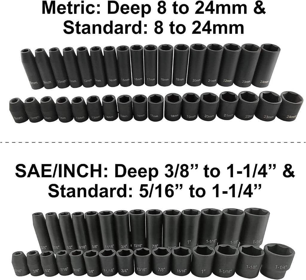 70pcs 1/2' Drive Impact Socket Set, Cr-V Steel, SAE & Metric, Standard/Deep Sockets with 72 Teeth Ratchet Handle, Extension Bar, and Adapters