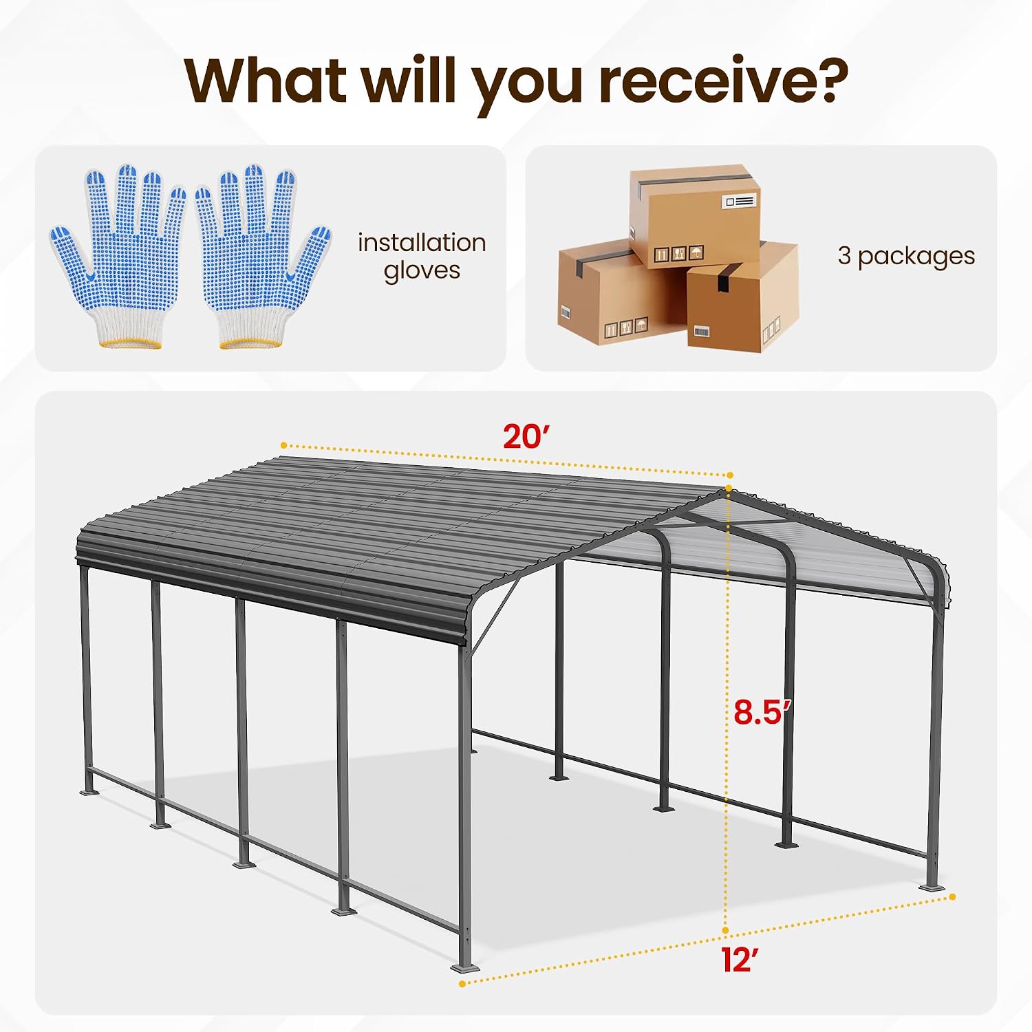 12x20FT Metal Carport, 335LBS Heavy Duty Carport Canopy with Galvanized Steel Roof, 40% Thicker Frame Metal Garage with Reinforced Base, All-Weather Outdoor Storage Car Port for Car, Camping