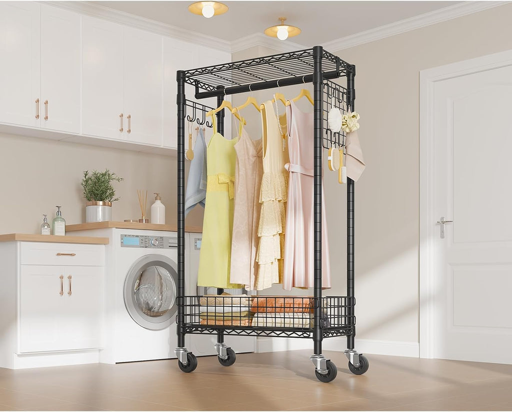 VIPEK R1 Rolling Clothes Rack with Pegboard Organizer Portable Closet for Hanging Clothes with Lockable Wheels & Removable Basket, Compact Clothing Rack for Small Spaces Apartments/Bedroom, Black