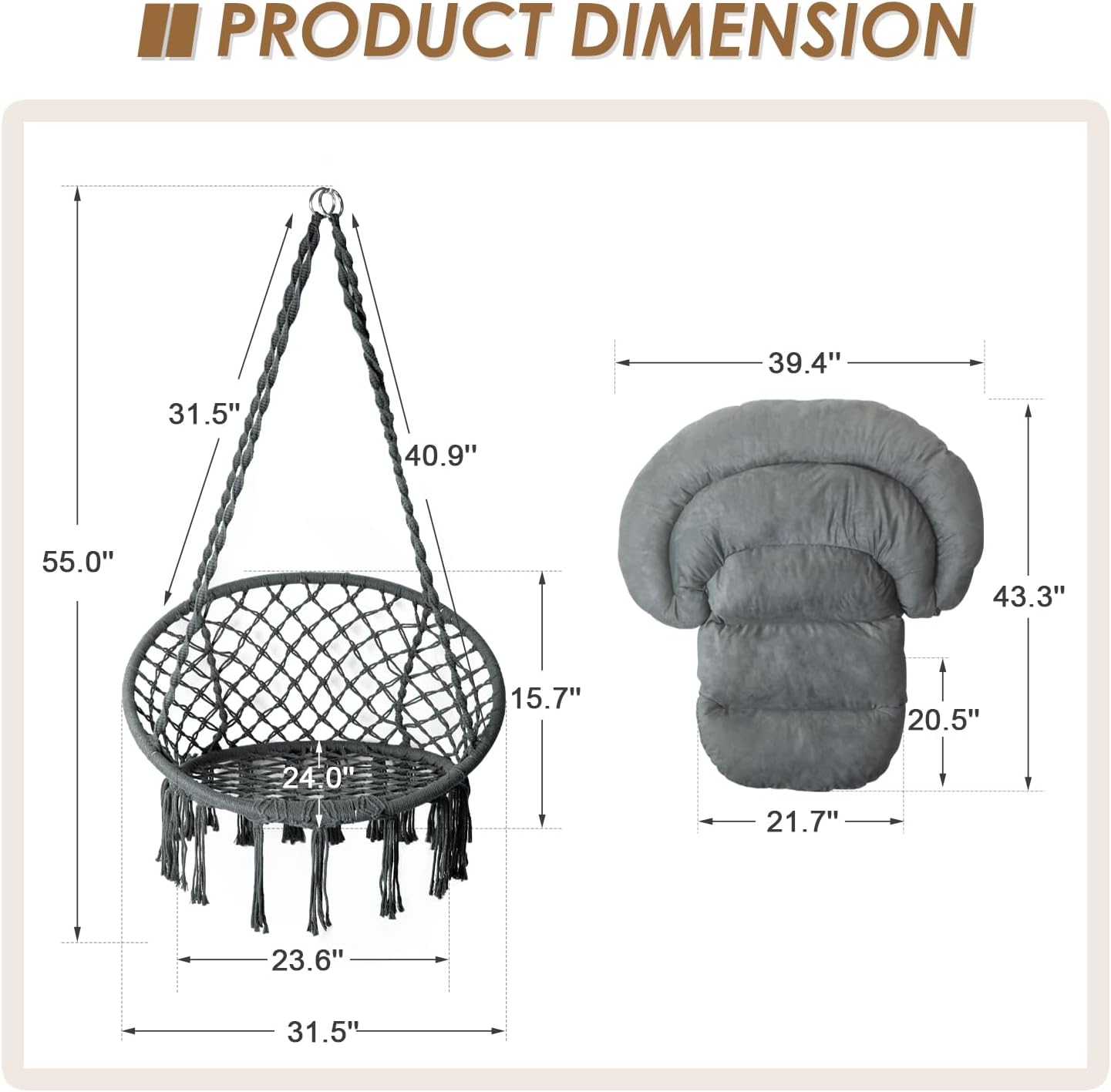 Hammock Chair with Cushion and Eye Bolt Hooks, Handmade Macrame Swing Chair with Hanging Hardware Kits, Bohemian Style Cotton Rope Hanging Chair for Bedroom Indoor Outdoor