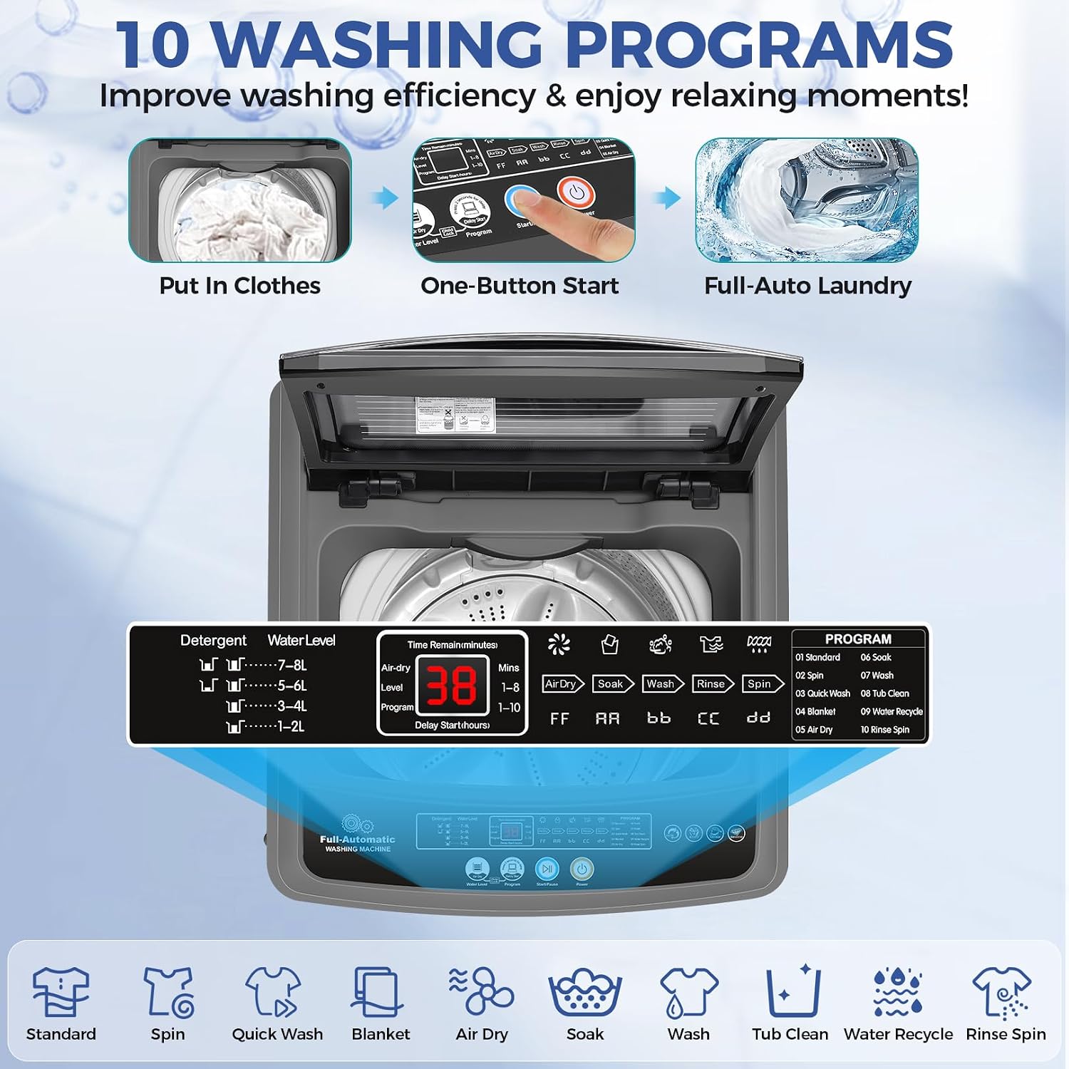 Nictemaw Portable Washing Machine, 20Lbs Capacity Washer Machine, 2.8Cu.ft Washer and Dryer Combo with Drain Pump, LED Display, 10 Programs & 8 Water Levels Laundry Machine, Slow-Close Glass Lid
