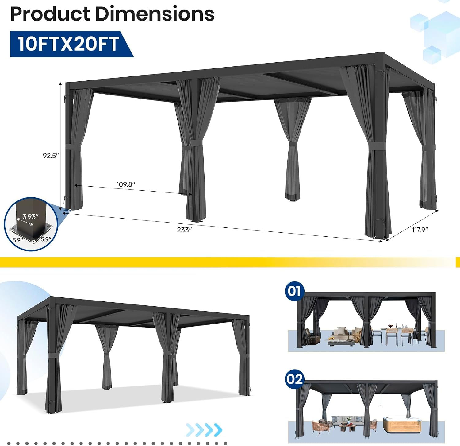 10'×20' Outdoor Louvered Pergola, Aluminum Louvered Pergola Patio with Adjustable Roof for Outdoor Deck, Backyard, Garden (10X20FT)