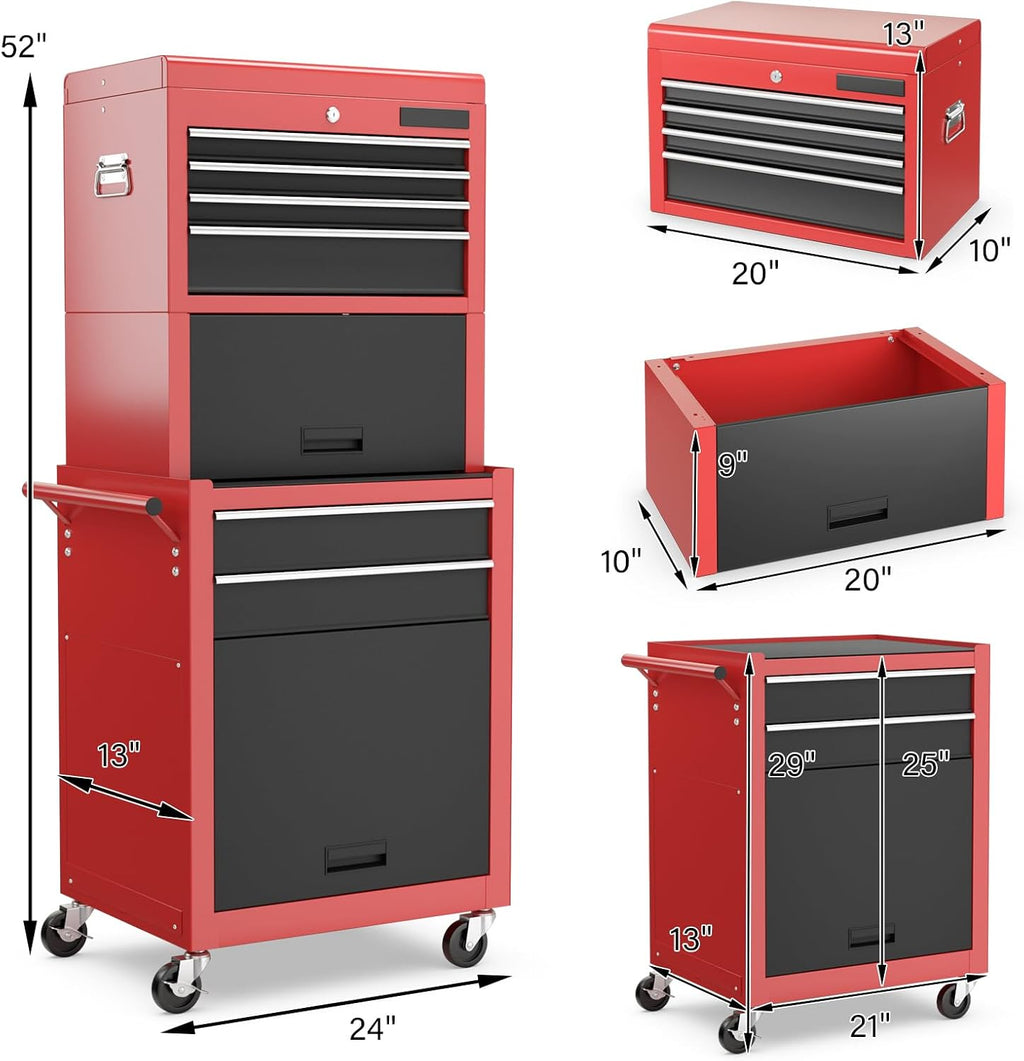 S AFSTAR 6-Drawer Rolling Tool Chest, High Capacity Tool Storage Cabinet with 4 Hooks, Locking System and Universal Wheels, 3-in-1 Detachable Toolbox for Garage, Workshop, Black and Red