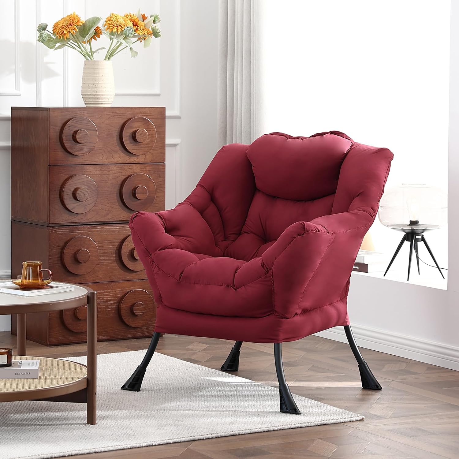 Welnow Lazy Chair for Living Room, Modern Reading Accent Chair with Armrests and a Side Pocket, Leisure Upholstered Lazy Sofa for Small Space, Bedroom, Dorm, Burgundy