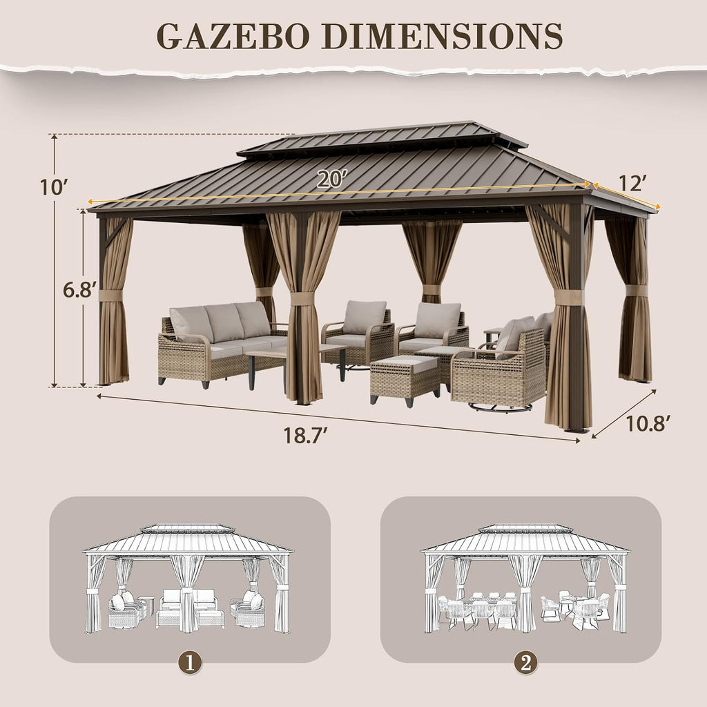 EAGLE PEAK 12x20 Hardtop Gazebo, Galvanized Steel Double Roof with Aluminum Frame, Outdoor Pavilion with Netting and Curtains for Patio, Deck, Lawn and Garden, Dark Brown/Tan