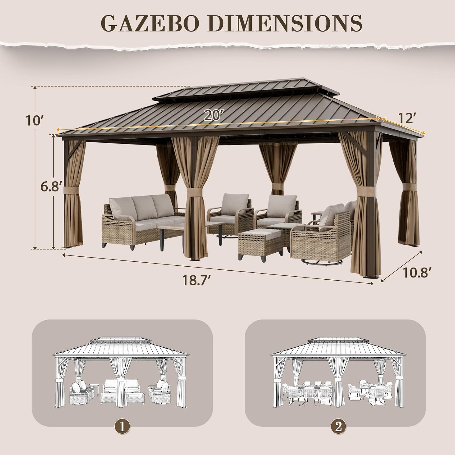EAGLE PEAK 12x20 Hardtop Gazebo, Galvanized Steel Double Roof with Aluminum Frame, Outdoor Pavilion with Netting and Curtains for Patio, Deck, Lawn and Garden, Dark Brown/Tan