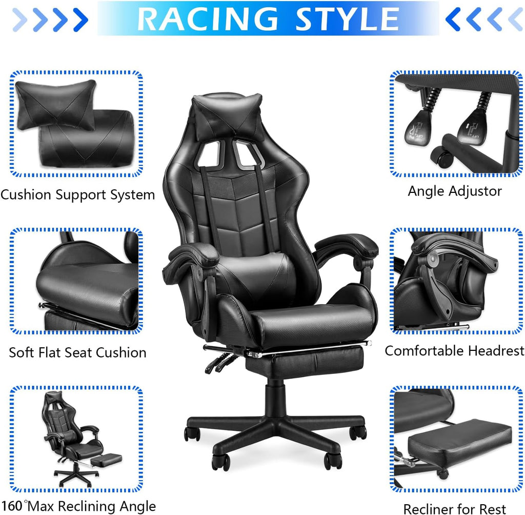 Soontrans Black Gaming Chairs with Footrest,Ergonomic PC Computer Game Chair,Home Office Desk Chair with Headrest and Lumbar Support Office Chair for Adult