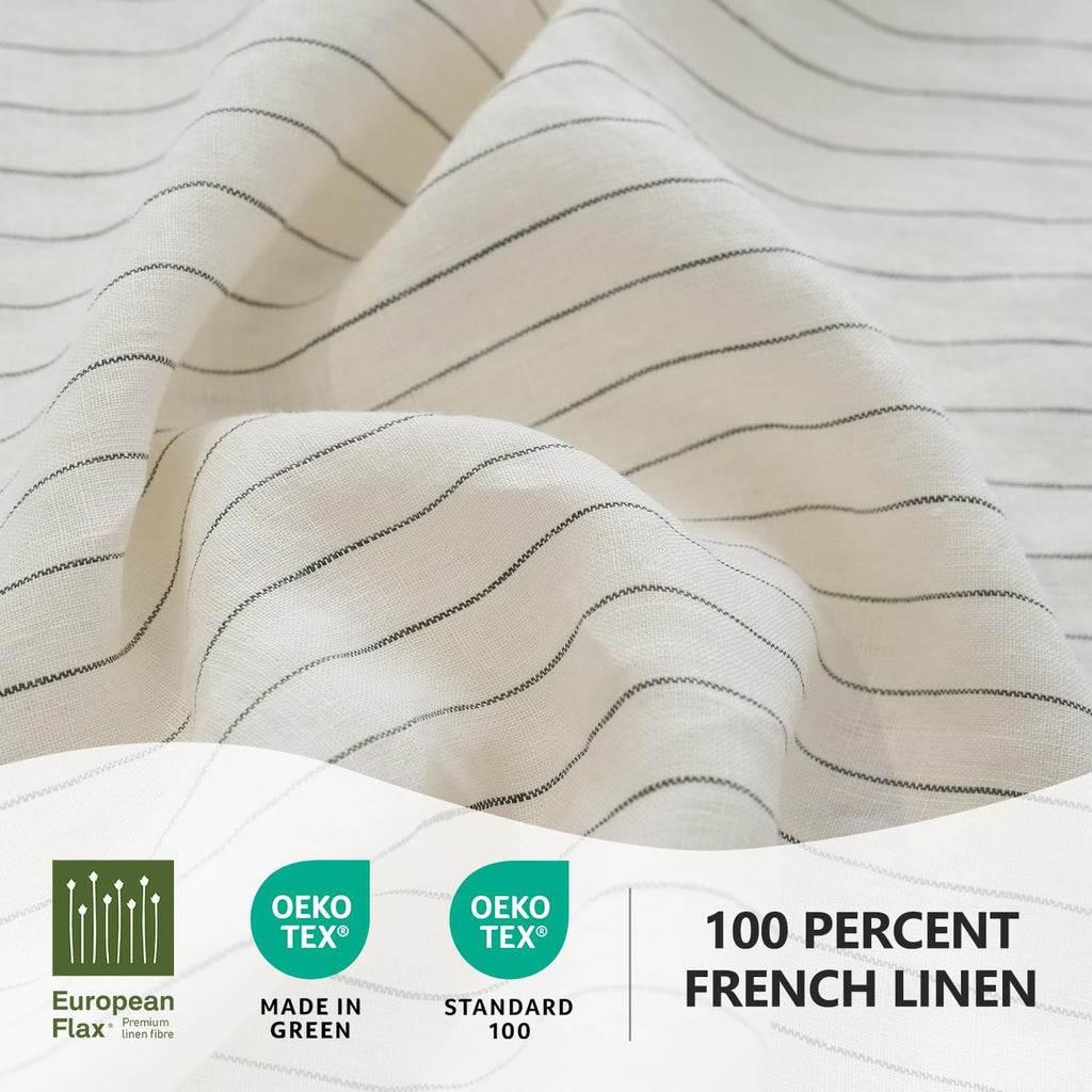S VICTORY SYMBOL 100% Organic Linen Sheets Set Grey Pinstripe,Yarn Dyed French Natural Stone Washed Flax Bedding Set,3pcs Bed Sheets Twin XL Size,Ultra Soft&Breathable
