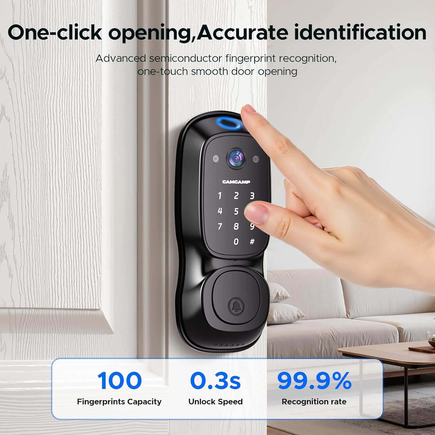 Camcamp Smart Door Lock,Fingerprint Keyless Entry Door Lock with Camera&Doorbell,Built-in Wi-Fi Deadbolt Smart Lock for Front Door,2-Way Audio,App Control,8Months Battery,Auto Locking,IP66Waterproof