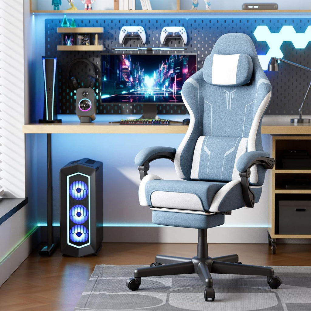 Ferghana Gaming Chair, Cloth Fabric Ergonomic Computer Chair with Massage Lumbar Support, High Back Office Game Chair with Footrest and Linkage Armrest for Adult, Blue/White