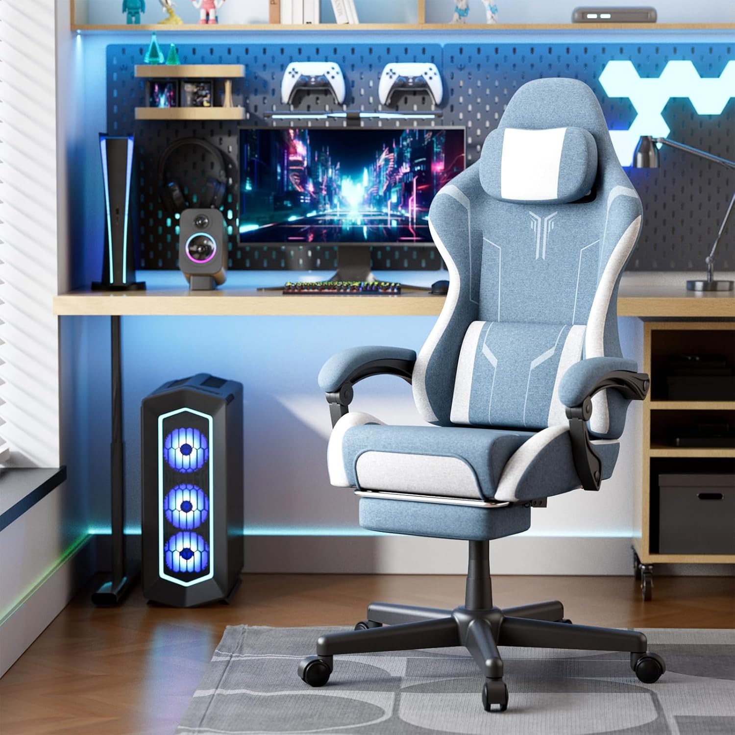 Ferghana Gaming Chair, Cloth Fabric Ergonomic Computer Chair with Massage Lumbar Support, High Back Office Game Chair with Footrest and Linkage Armrest for Adult, Blue/White
