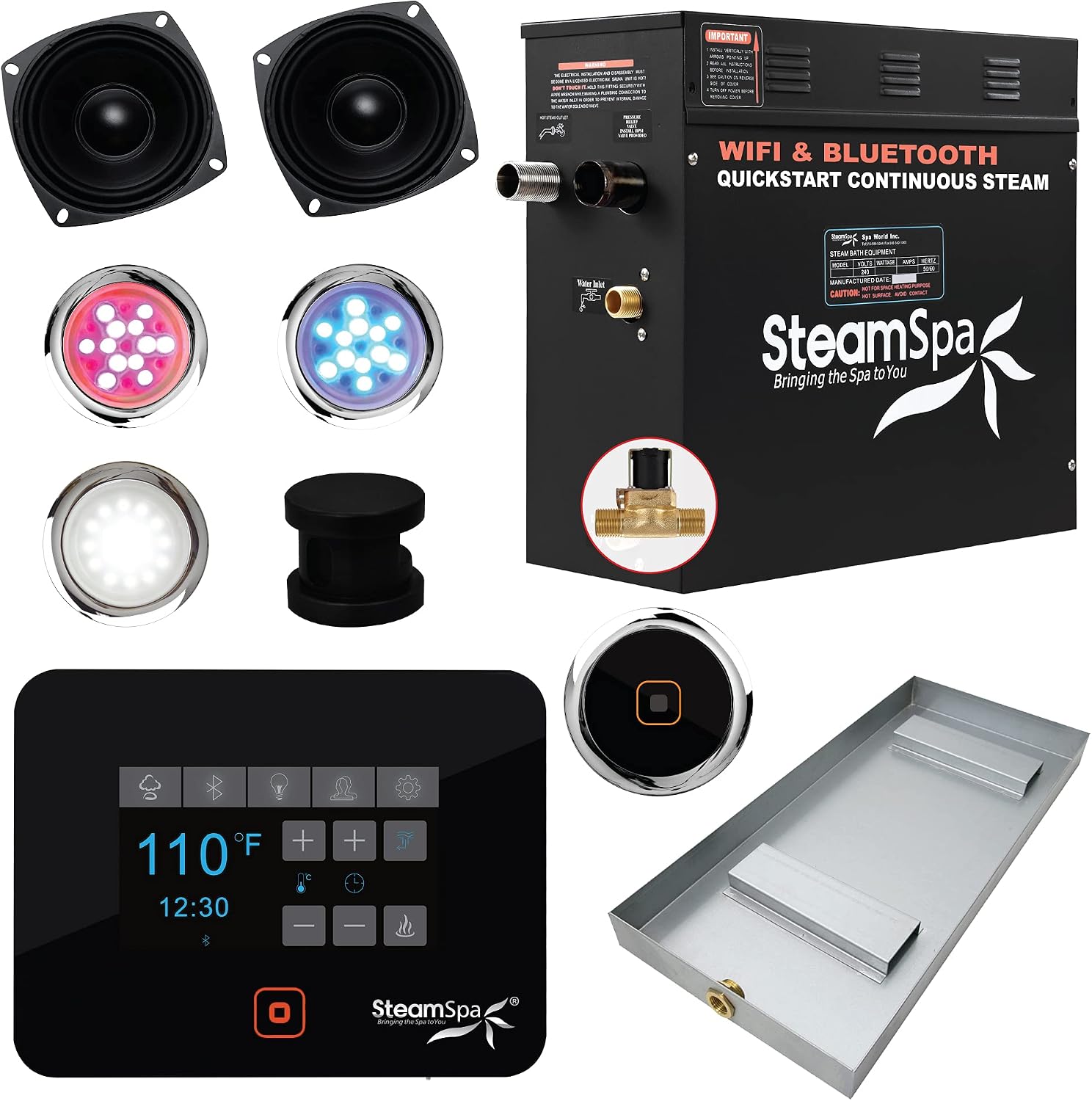 Generator with Quick Start Continuous Steam Technology, Wi-Fi, Bluetooth and Autodrain | 6kW Steam Generator with Black Steam Head with Aromatherapy Reservoir | RVB600BK-A