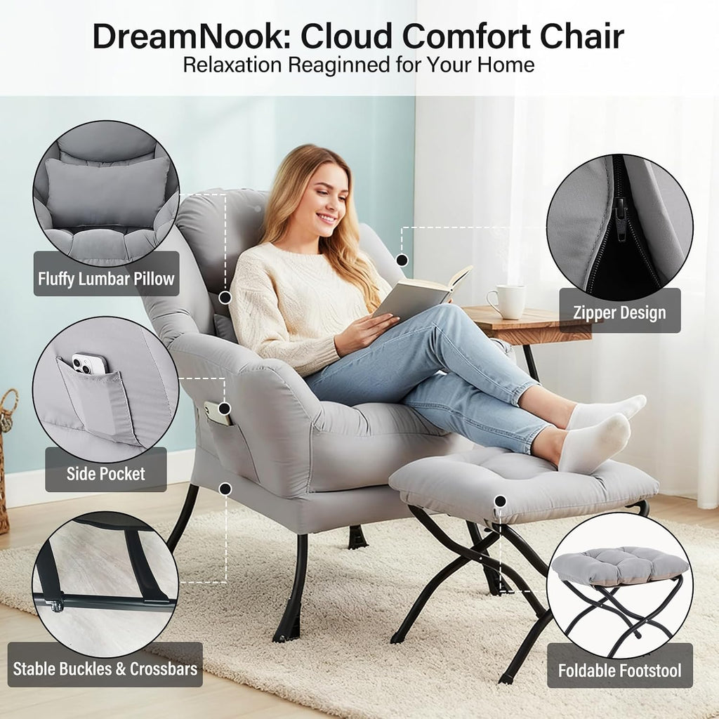 Lazy Chair with Ottoman, Modern Accent Chair with Lumbar Pillow, Grey Sofa, Armchairs with Folding Footrest, Oversized Supportive Chairs for Bedroom, Reading