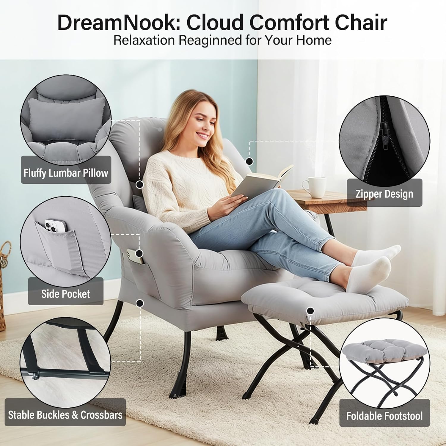 Lazy Chair with Ottoman, Modern Accent Chair with Lumbar Pillow, Grey Sofa, Armchairs with Folding Footrest, Oversized Supportive Chairs for Bedroom, Reading