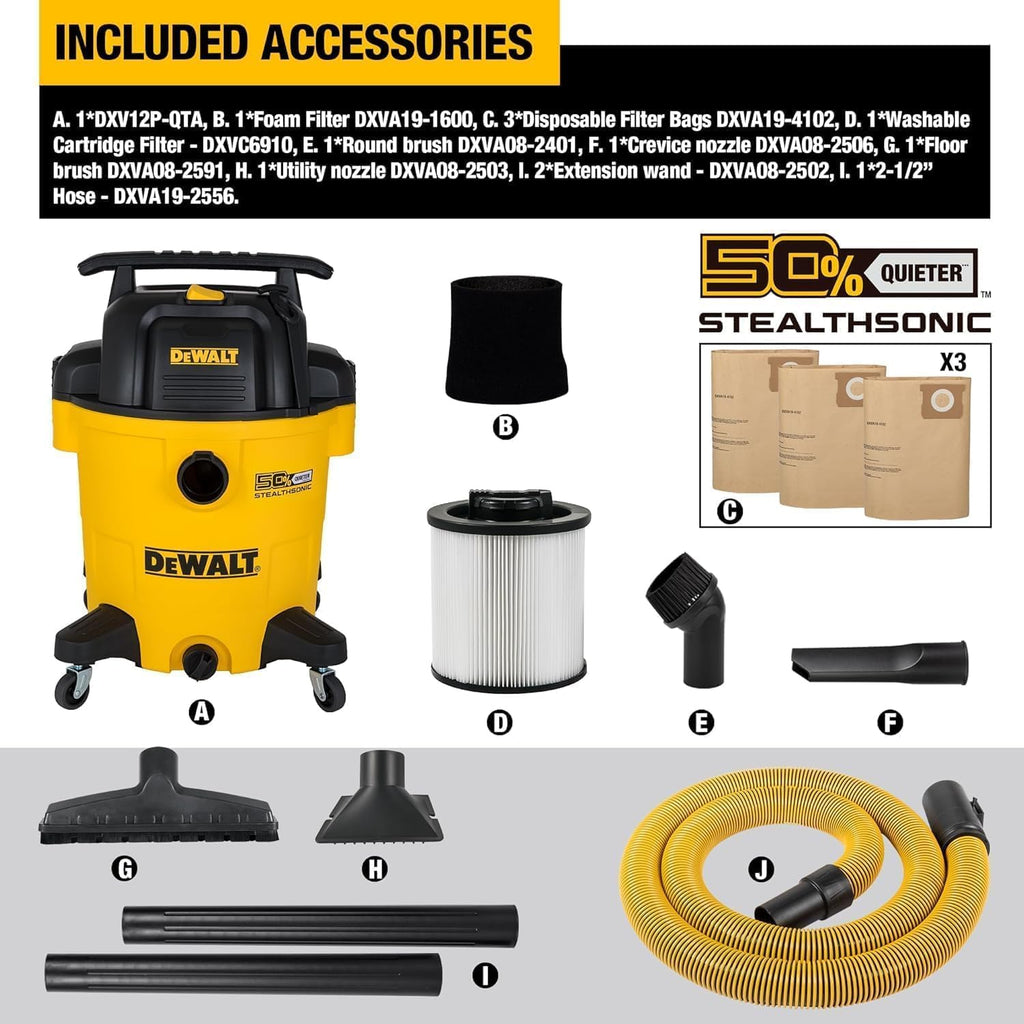 DEWALT 12 Gallon STEALTHSONIC Ultra Quiet Poly Wet Dry Vacuum, DXV12P-QTA Powerful Suction Noise Reduction Vac, 5.5 Peak HP Shop Vacuum for Jobsite/Workshop, Reduce Motor Noise