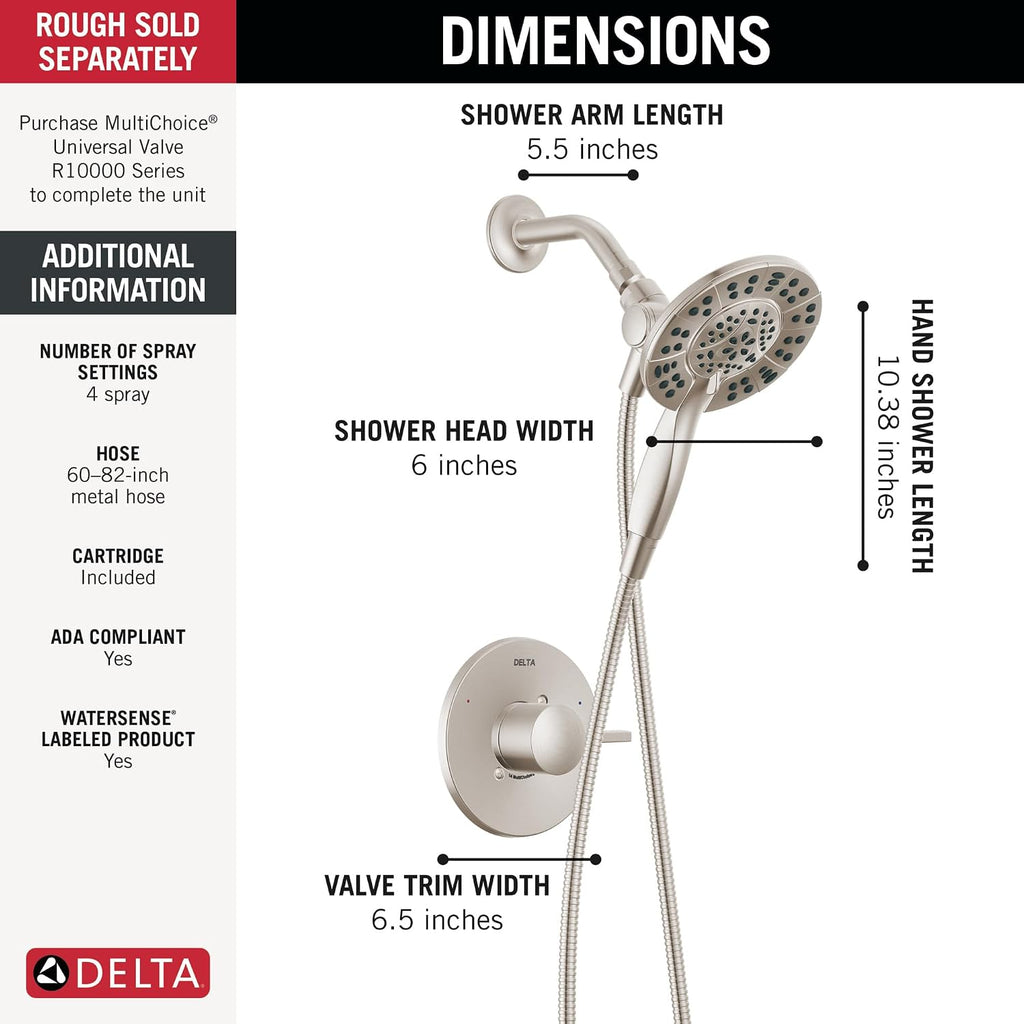Delta Albion 14 Series Brushed Nickel Shower Faucet Set with In2ition 2-in-1 Dual Shower Head with HandHeld Spray Combo, Valve Trim Kit, Spotshield Brushed Nickel T142855-SP-I (Valve Not Included)