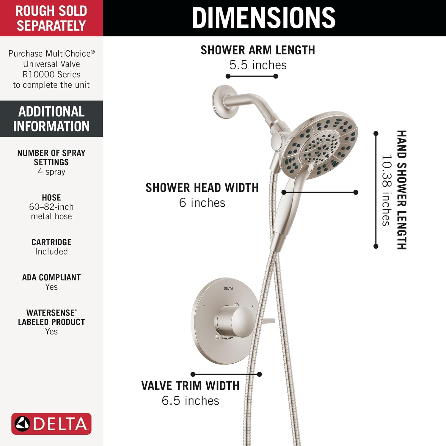 Delta Albion 14 Series Brushed Nickel Shower Faucet Set with In2ition 2-in-1 Dual Shower Head with HandHeld Spray Combo, Valve Trim Kit, Spotshield Brushed Nickel T142855-SP-I (Valve Not Included)