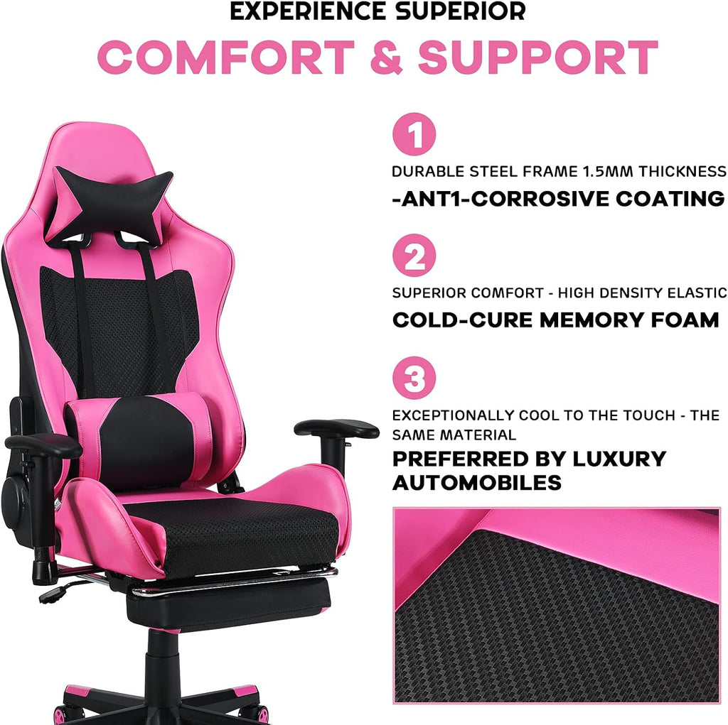 POWERSTONE Gaming Chair - Pink Gamer Chair with Footrest Racing Esports Computer Chair Massage Lumbar Support Leather Recliner