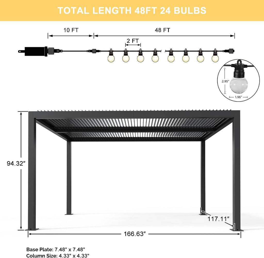 PURPLE LEAF Louvered Pergola 94AS 10' x 14' Outdoor Aluminum Pergola with Two Independently Adjustable Roof with 24 Light Bulbs for Backyard Garden