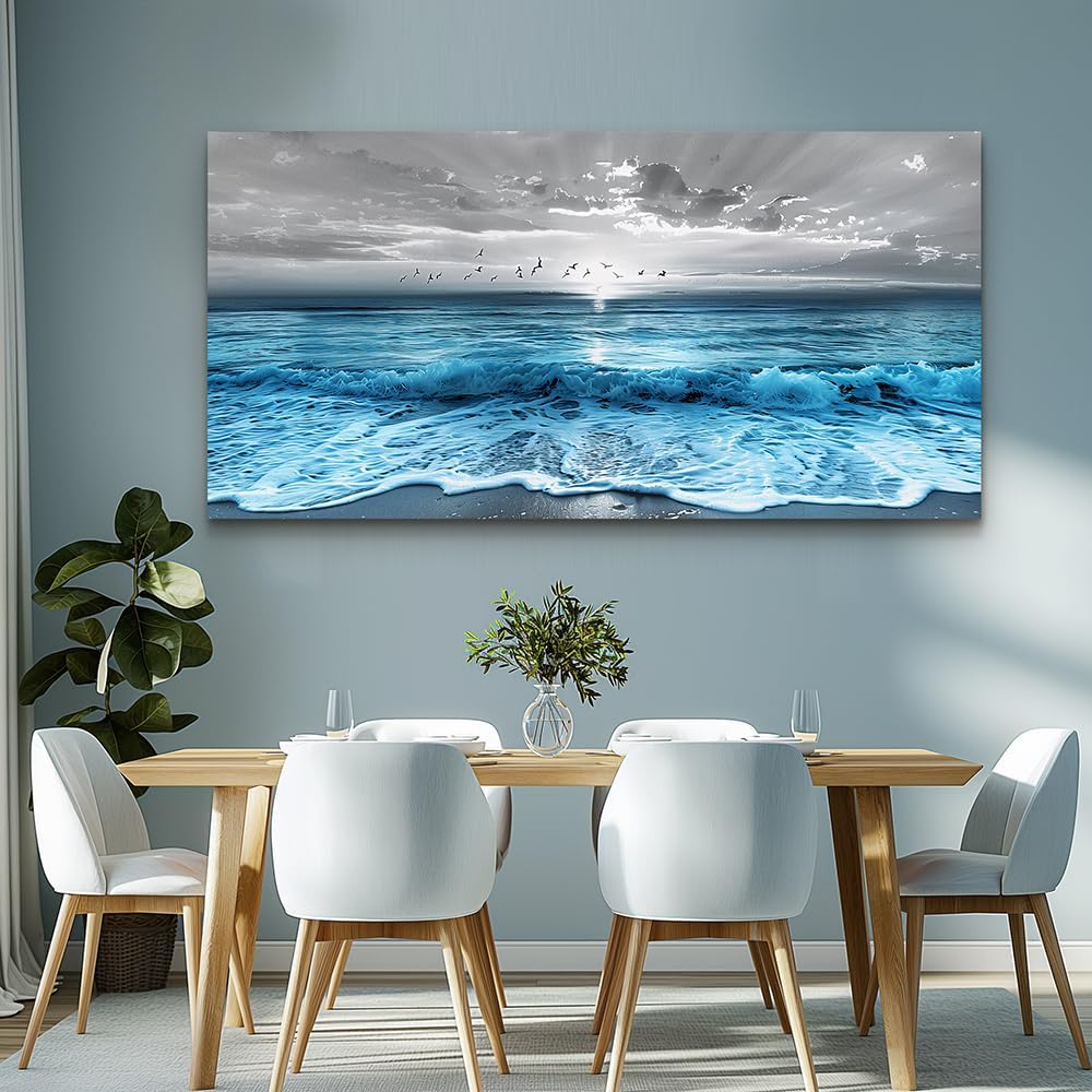 ERQINHUA Large Canvas Printed Artworks Mural Wall Decor For Living Room Wall Art For Bedroom Office Restaurant Decoration Blue Sea Wave Ocean Paintings Beach Wall Pictures Modern Home Decor 30'X60'