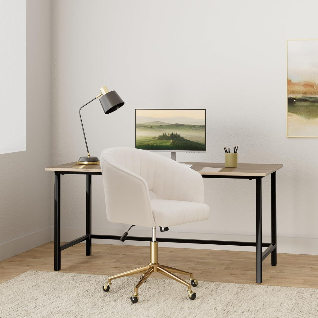 Eifizek Velvet Office Desk Chair, Modern Home Desk Chair with Wheels & Gold Base, Swivel Vanity Chair for Bedroom, Office, Vanity Study (Beige)