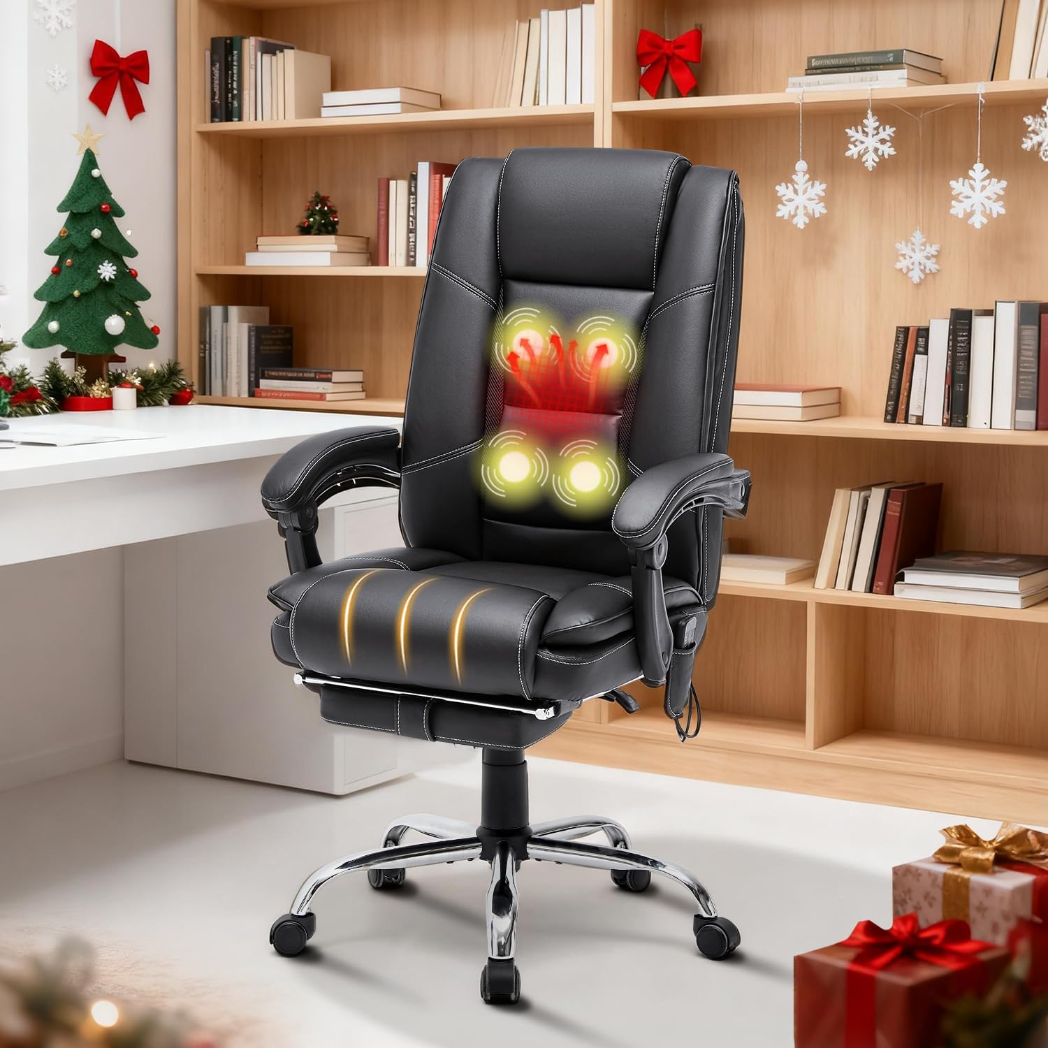 HOMREST 4-Point Massage Executive Office Chair with Footrest,Heated Reclining Chair with Lumbar Back Support,Ergonomic Desk Chair with Armrest, Computer Desk Chair for Home Office(Black)