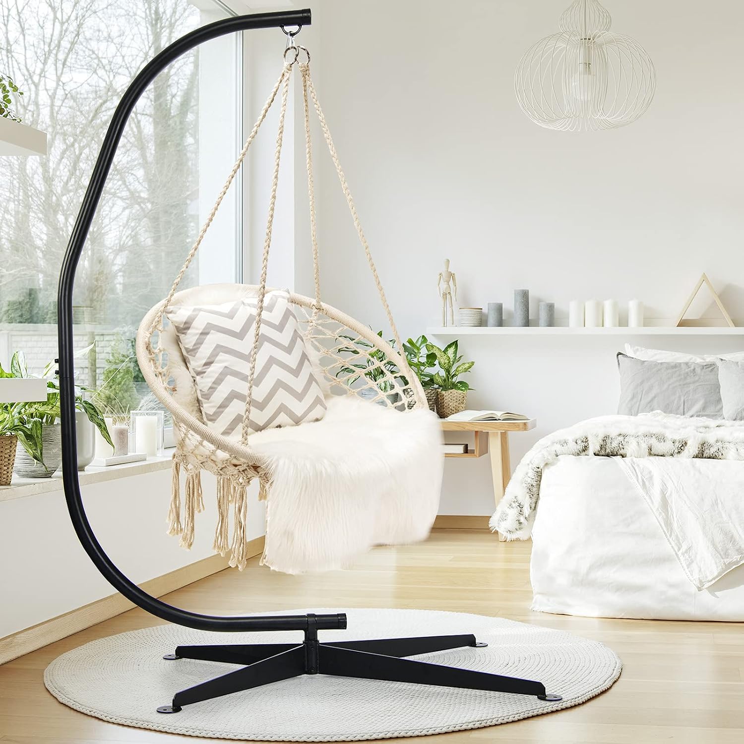 Tangkula Hammock Stand, Steel C Stand for Hanging Chair, Hammock Chair Stand Only with Buckle Hook, Offset Base, 360-Degree Rotation Egg Chair Stand for Indoor Outdoor