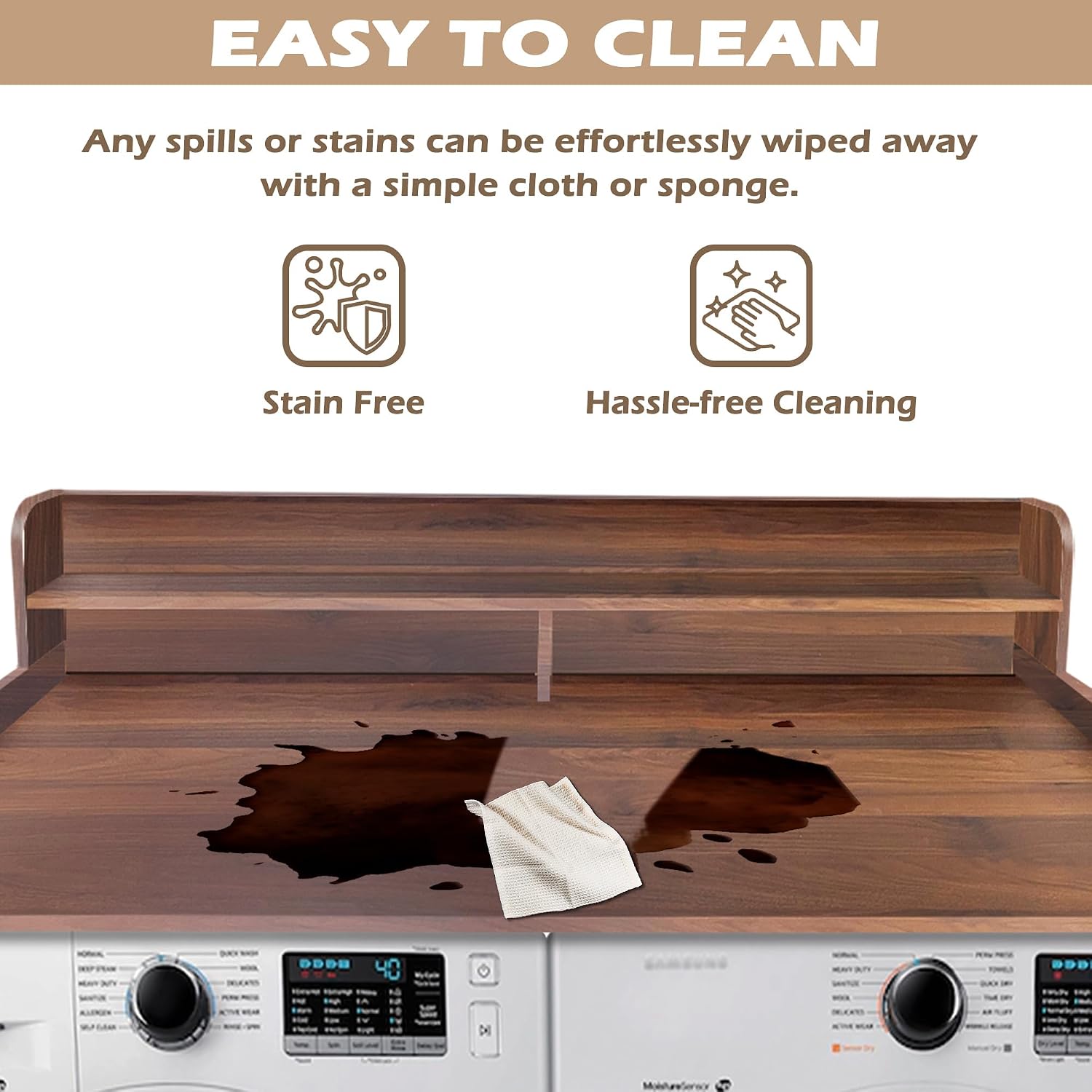 Royxen Laundry Countertop with 2-Tier Shelf Universal Fit, Washer and Dryer Countertop with Storage Space, Shelf Height 11.5 Inches, Solid Wood Core, Walnut