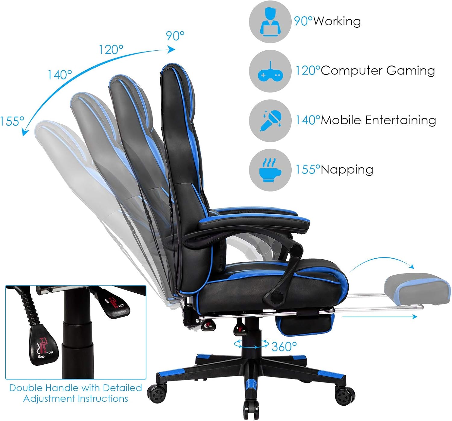 POWERSTONE Gaming Chair Adjustable High Back PU Computer Chair with Footrest Massage Lumbar Support Headrest Thick Armrest Rolling Swivel Desk Chair, Navy Blue
