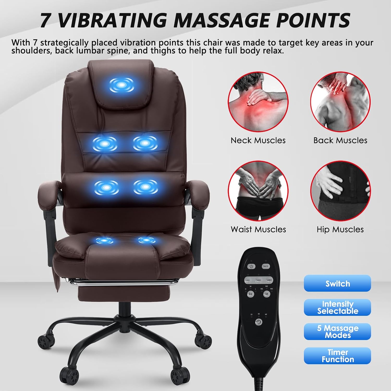 HOFFREE Massage Office Chair with Foot Rest 7 Points Vibration Ergonomic Executive Desk Chair Leather Computer Office Chair Brown