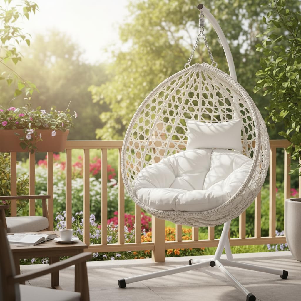 RUN.SE Hanging Egg Chair with Stand, Outdoor Indoor Egg Swing Chair with Cushion Headrest for Patio, Porch, Balcony, Bedroom, 350LBS Capacity (White)