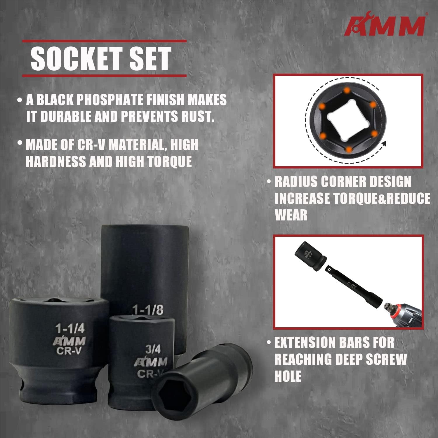 AMM 1/2-inch 66 Pieces Impact Socket Master Set, SAE & Metric from 5/16'-1-1/4',8-24mm, Shallow/Deep Socket Set with Ratched Hand, Extension Bar and Adapters，Cr-V steel