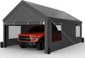 JAMFLY Carport, 12x20 ft Heavy Duty Carport with Roll-up Windows, Portable Garage with Removable Sidewalls & Doors, Car Canopy with Sandbags and All-Season Tarp for Car Boat Truck Motorcycle, Grey