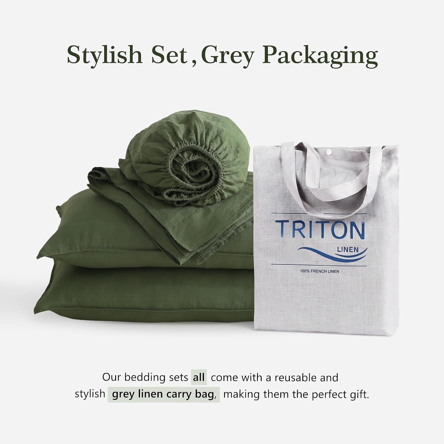 100% French Linen Sheets Set Cal King Size-4Pcs Natural Washed Flax Bed Sheets Soft Breathable and Durable- 1 Flat Sheet 1 Fitted Sheet 2 Pillowcases (Green, Cal King)