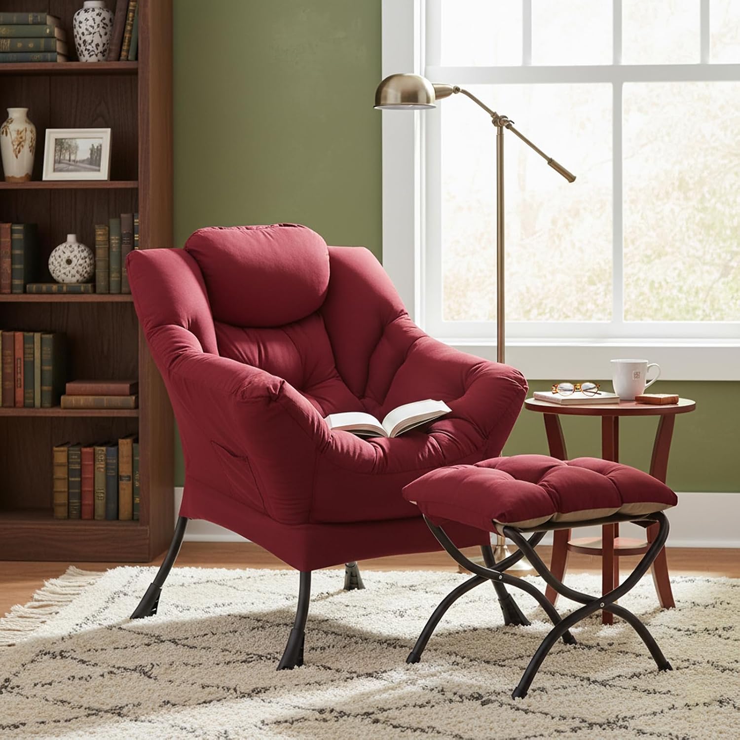 Welnow Lazy Chair with Ottoman, Modern Accent Chair with Armrests and a Side Pocket, Leisure Sofa Armchair, Reading Armchair with Footrest for Small Space, Burgundy