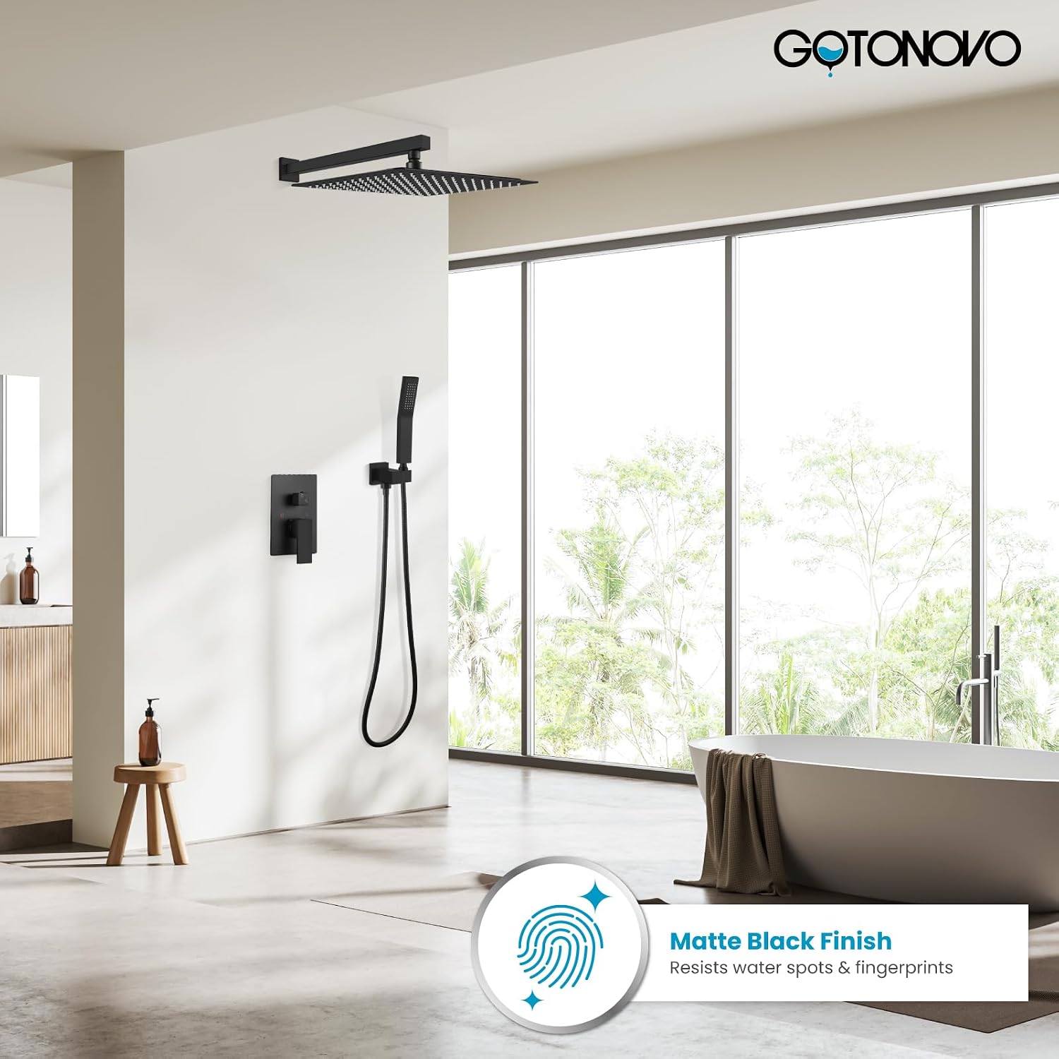 gotonovo Rainfall Bathroom Shower System Rain Shower Head and Handle Set Wall Mounted Shower Complete Combo Solid Brass Pressure Balancing Shower Mixer Valve 16 Inch Matte Black