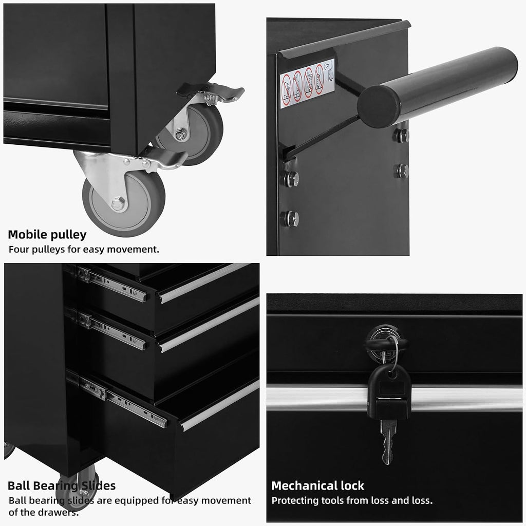 LuckyNote】6-Drawer Rolling Tool Chest Cabinet, Large Capacity Metal Tool Box with Wheels and Locking, Roll Around Storage Organizer Tool Cart for Garage, Warehouse, Work Shop - Black,24.2x13x34.6