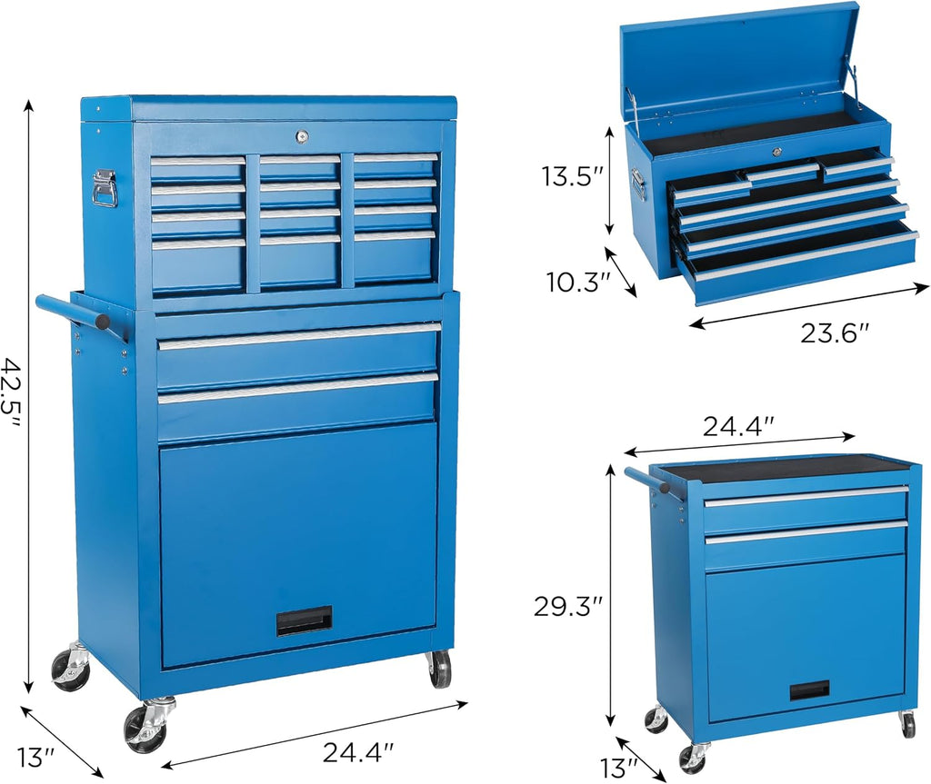 Tool Chest, 8-Drawer Rolling Tool Storage Cabinet with 2 in 1 Detachable Top Tool Box, Liner, Lockable Wheels, Side Hooks, Metal Tool Cart for Garage (8-Drawer Blue)