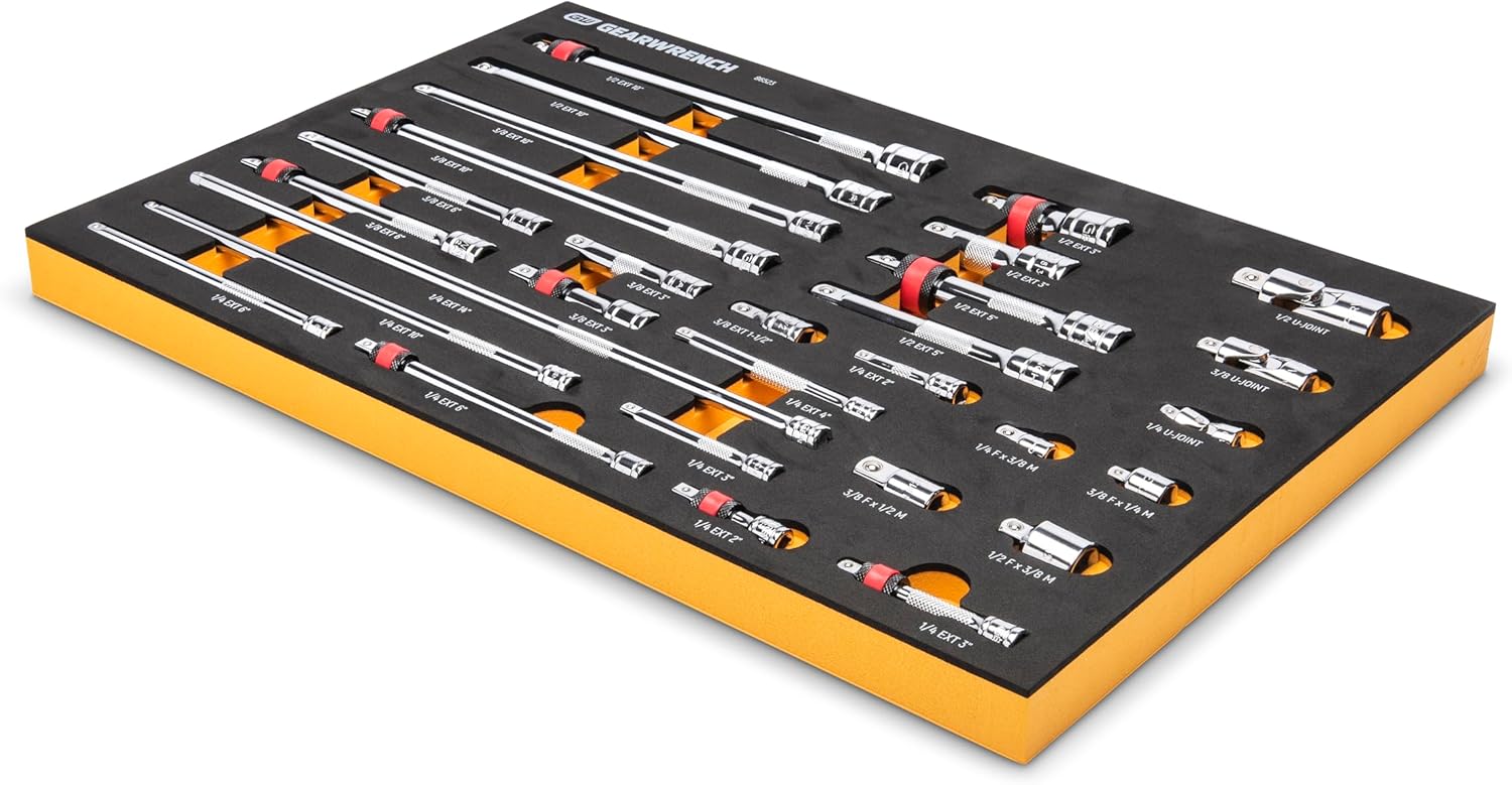 GEARWRENCH 29 Piece 1/4', 3/8', 1/2' Drive Chrome Tool Accessories Set with EVA Foam Tray - 86523