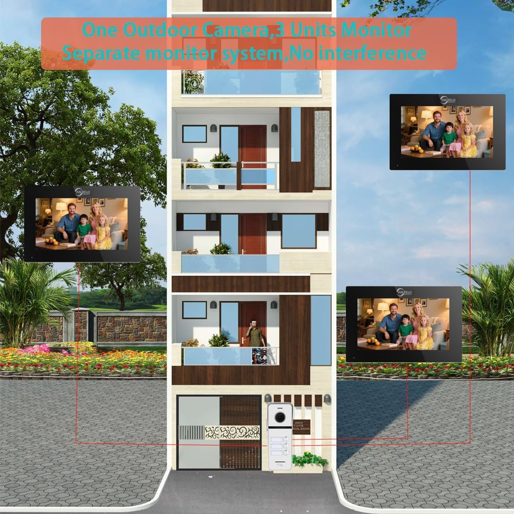 Wired Video Doorbell Intercom System 3 Unit 7 Inch Monitor Door Phone Kit 1080P Camera Night Vision,Support Remote Unlock Door Release,Snapshot for Home Vally Apartment (1 doorbell(w)+3 minitor(b))