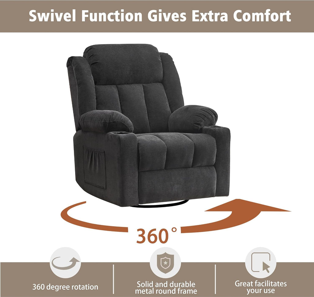 Ketaiyou Rocker Swivel Recliner Chair for Adults, Overstuffed Large Manual Recliner Glider with Massage and Heat, Comfy Soft Fabric Living Room Reclining Sofa Chair (Black1)
