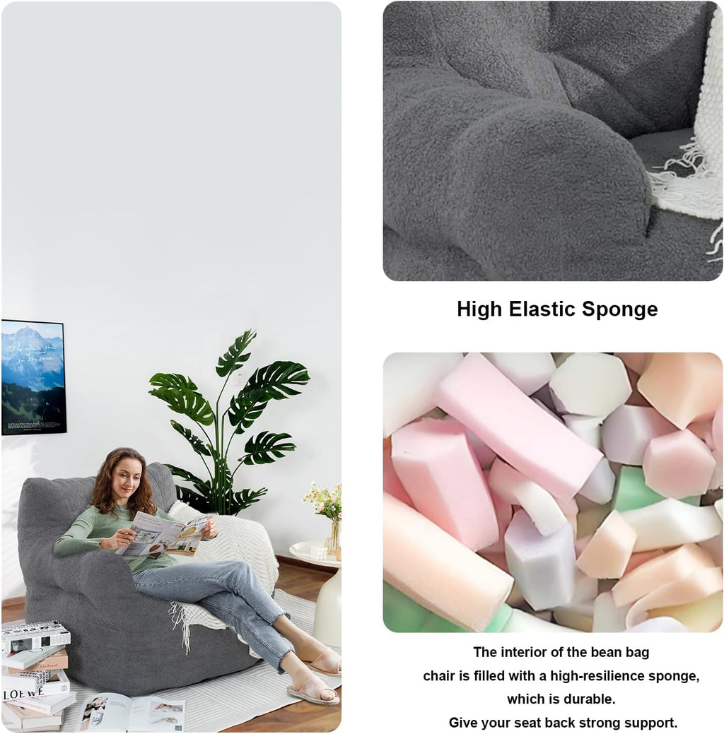 DKLGG Bean Bag Chairs for Adults, Giant Bean Bag Chair with Filler Included Faux Fur Bean Bag Sofa Memory Foam Large Bean Bag Chair with Armrest for Living Room, Bedroom, Gaming Room, Lounge, Grey