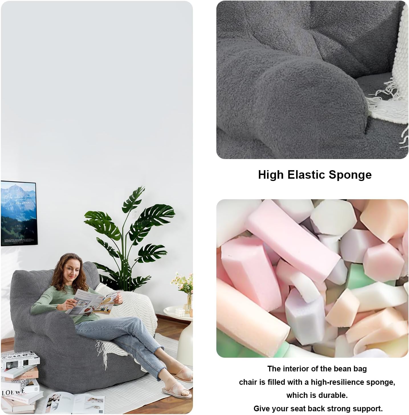 DKLGG Bean Bag Chairs for Adults, Giant Bean Bag Chair with Filler Included Faux Fur Bean Bag Sofa Memory Foam Large Bean Bag Chair with Armrest for Living Room, Bedroom, Gaming Room, Lounge, Grey
