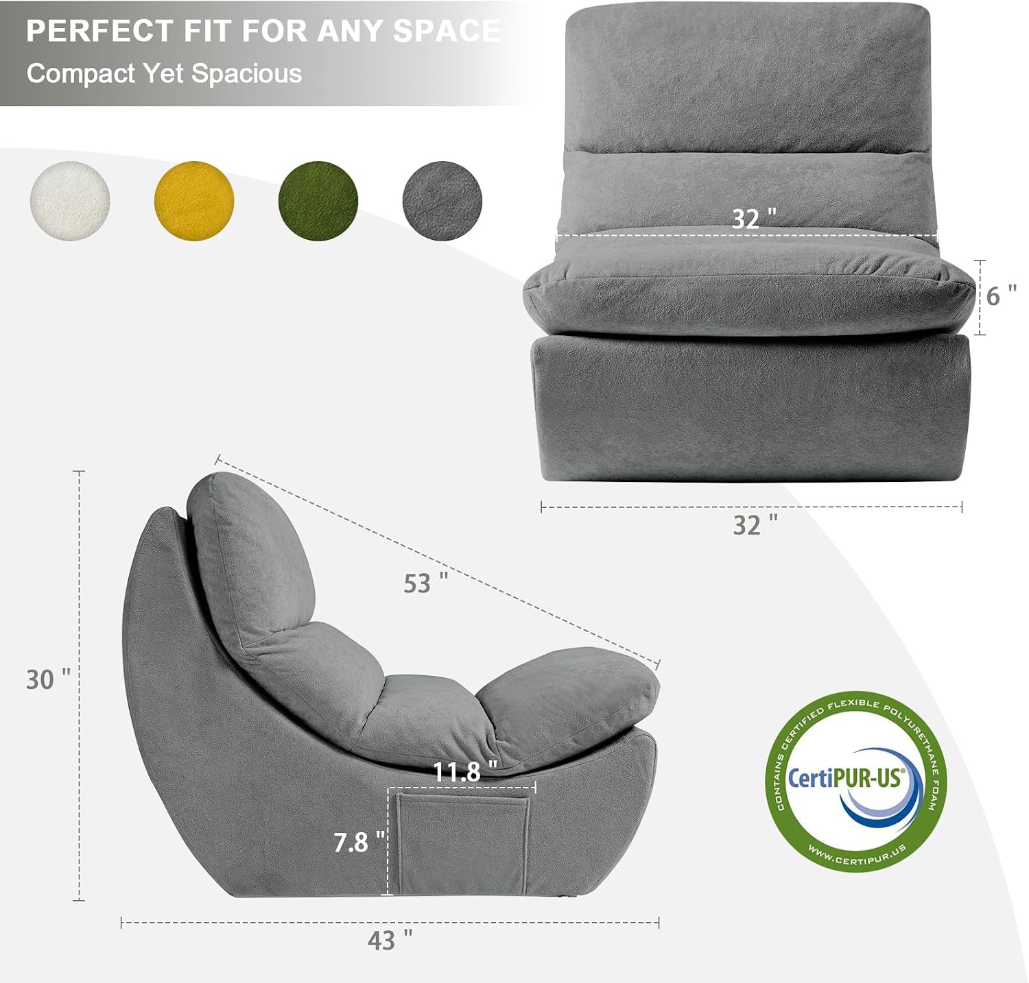 Set of 3 Giant Bean Bag Chairs for Adults, Boneless Lounge Chair, Togo Sofa, Fireside Chair, Anti Cat Scratch Fabric with Machine Washable, Single Sofa for Bedroom, Living Room, Reading Corner (Grey)