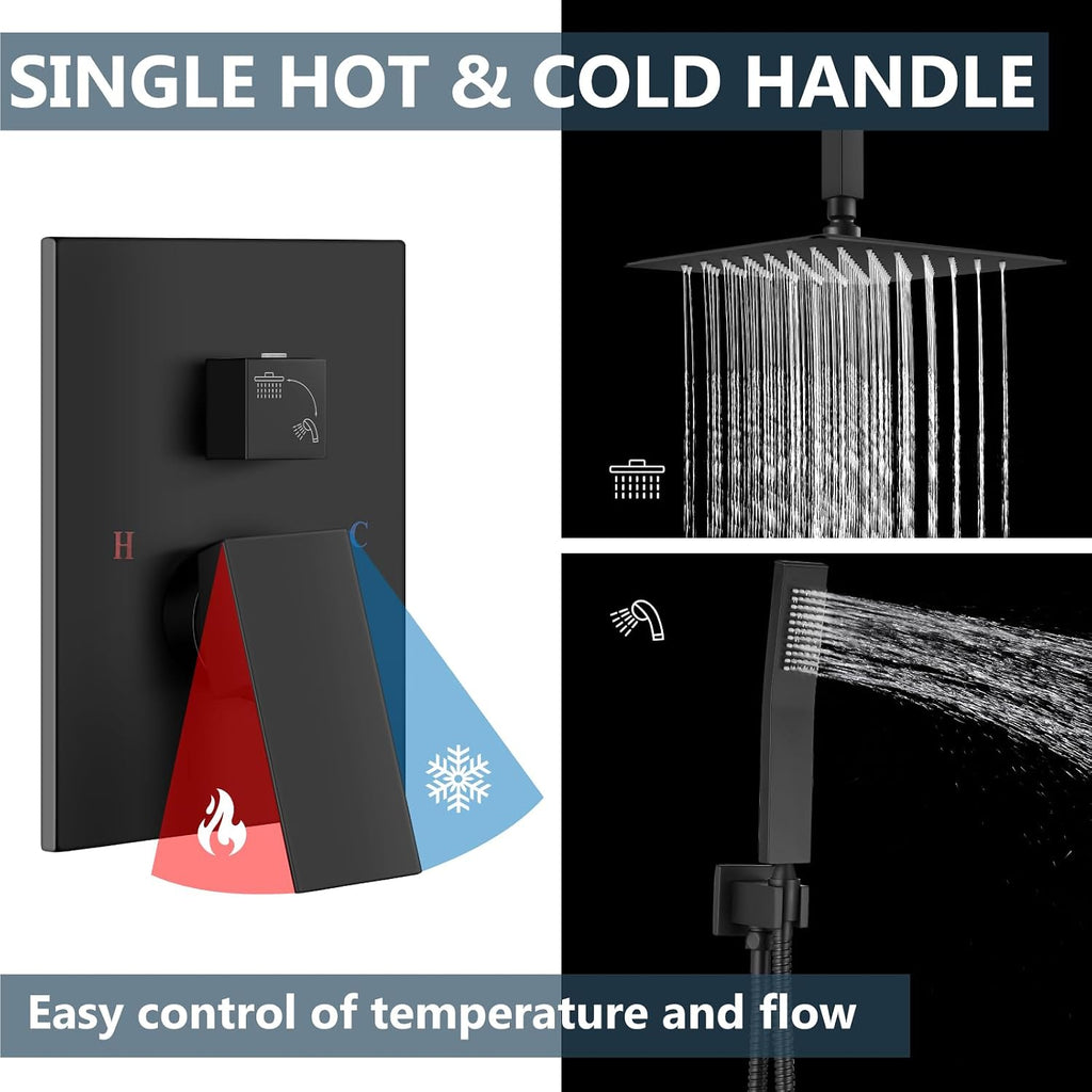 Aolemi Ceiling Mount Rain Shower Head & Handheld Spray with Robust Valve & Trim Kit - Matte Black, 8 Inch Head