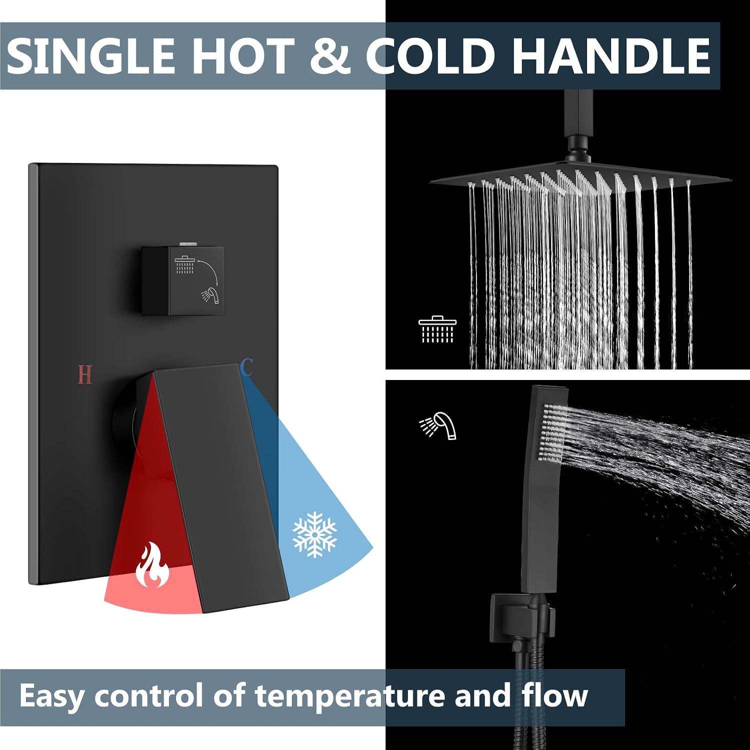 Aolemi Ceiling Mount Rain Shower Head & Handheld Spray with Robust Valve & Trim Kit - Matte Black, 8 Inch Head